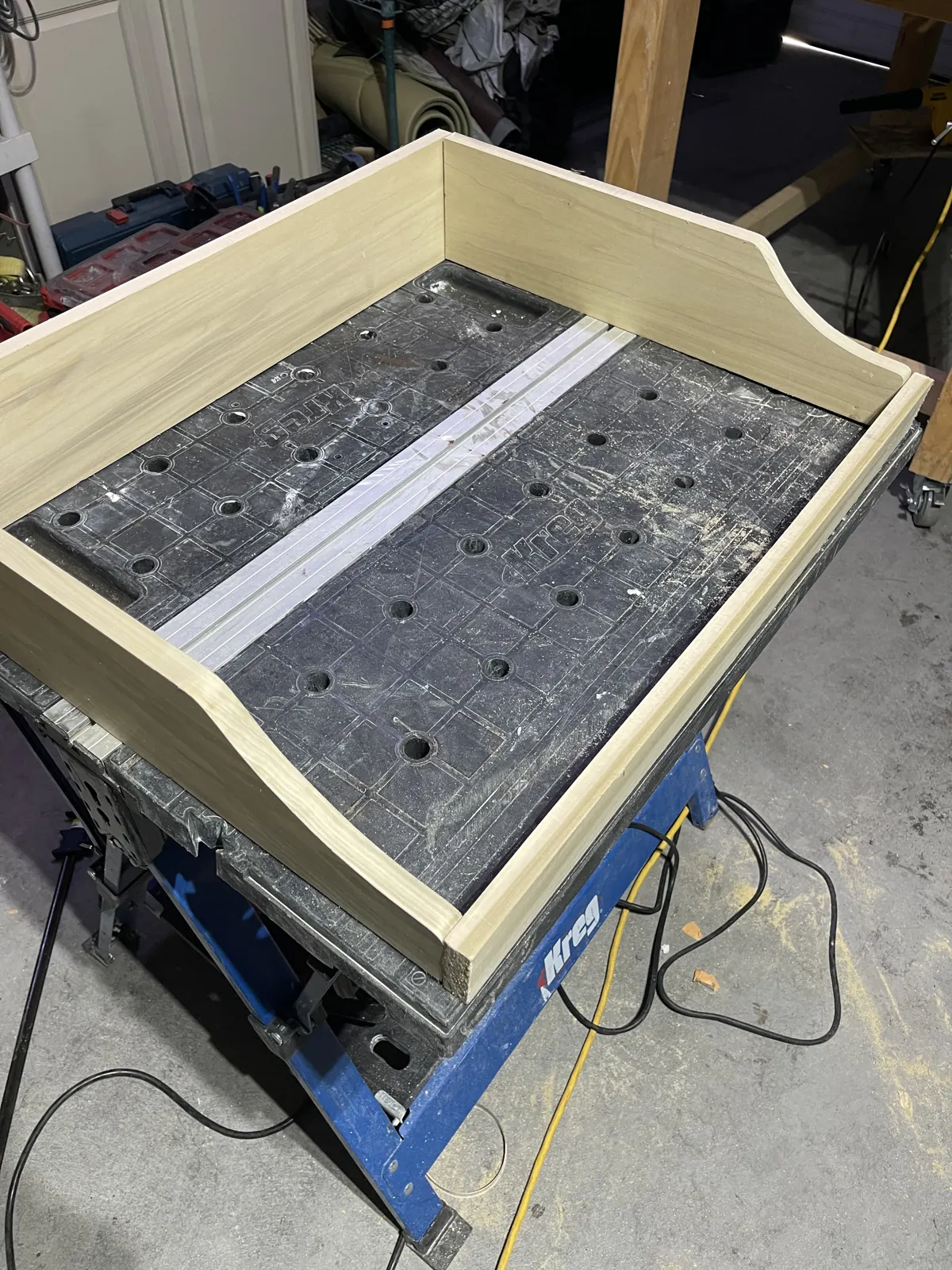 Shop-built wooden box on the bench before the kitchen work began