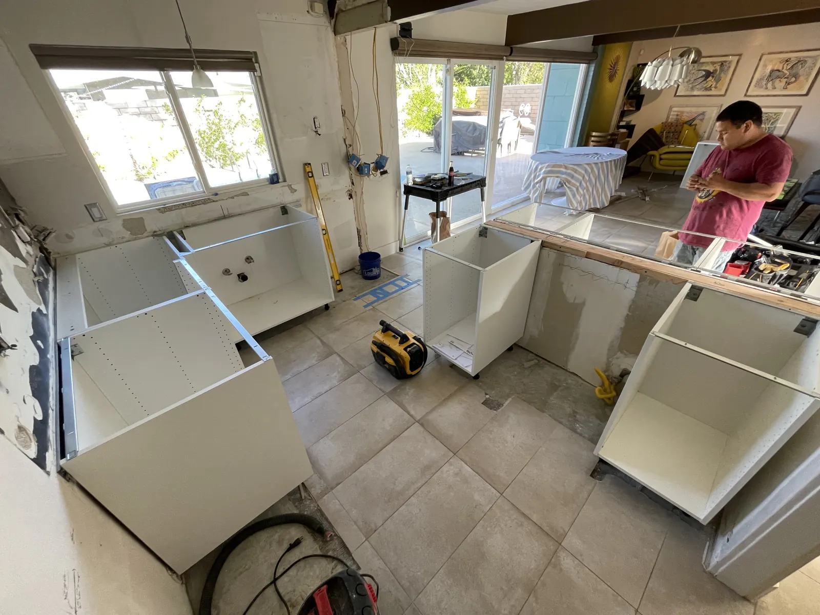 Cabinet boxes set in place during a kitchen install